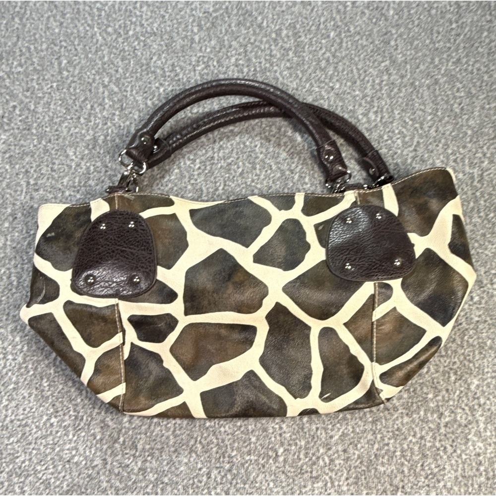 Brown/Cream Animal Print Satchel Top Handle Studded Silver Pockets